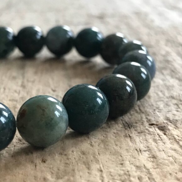 Forest Green Moss Agate Gemstone Bracelet Brass Accent Bead - 10mm Beads - Picture 3 of 4